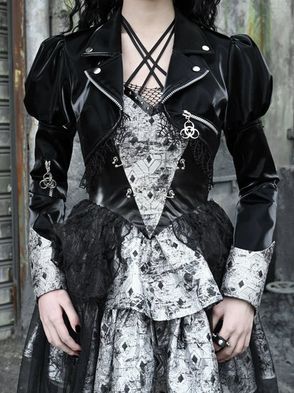 Spleißen Spitze Jacke Punk Mesh Leder PU Kurze