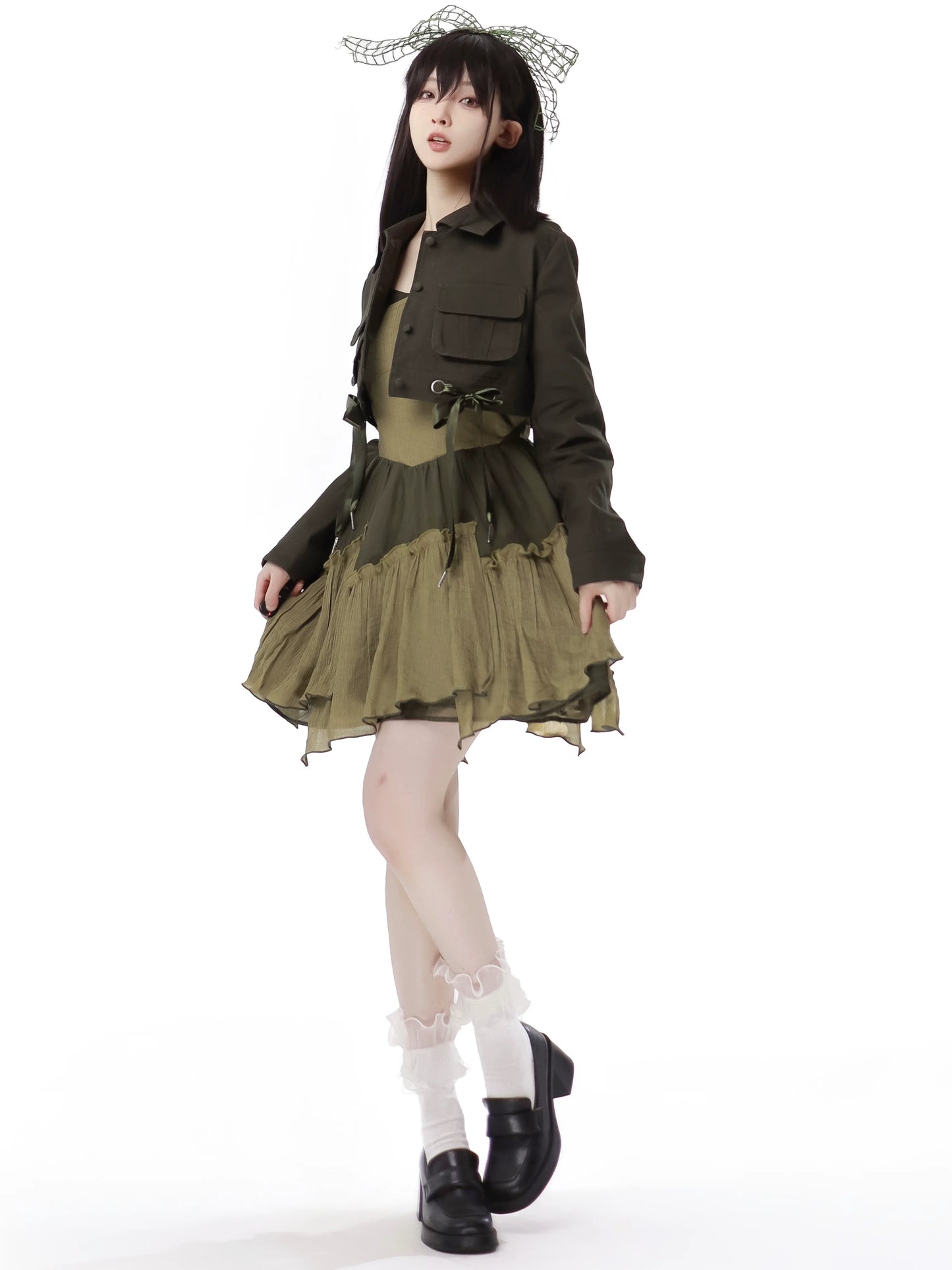Veste courte américaine en denim vert rétro à licou