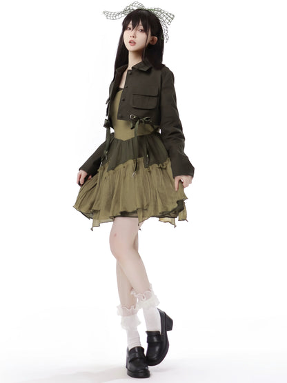 Veste courte américaine en denim vert rétro à licou