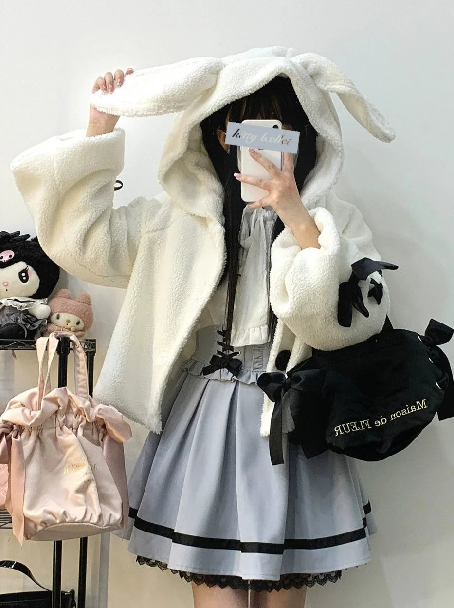 うさぎ耳フーディレース アプリボン プラッシュボアコート