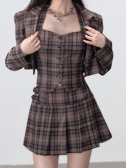 Retro Anzug Stück Schlaf Stil Rock Plissee Jacke College Weste