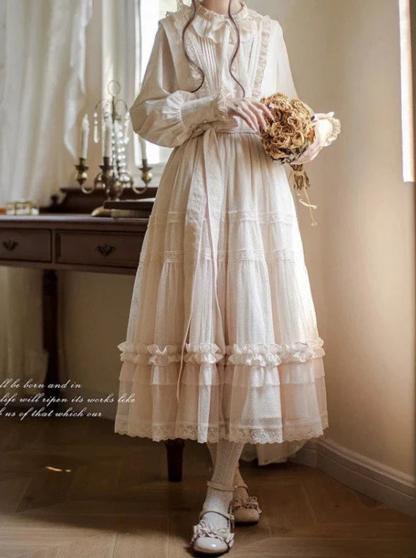 Haut à pois taille haute Lolita à volants et ruban, robe d'été légère, élégante et douce avec ruban en dentelle