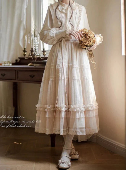 Haut à pois taille haute Lolita à volants et ruban, robe d'été légère, élégante et douce avec ruban en dentelle