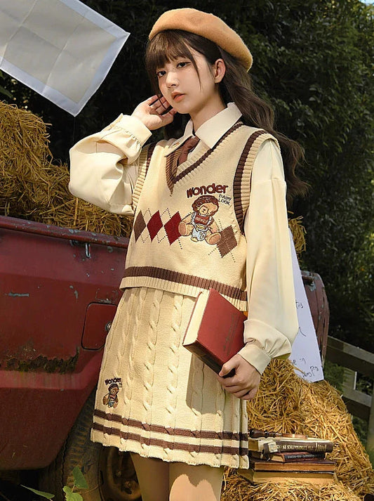 Jupe de costume à carreaux en tricot style rétro avec col en V à losanges