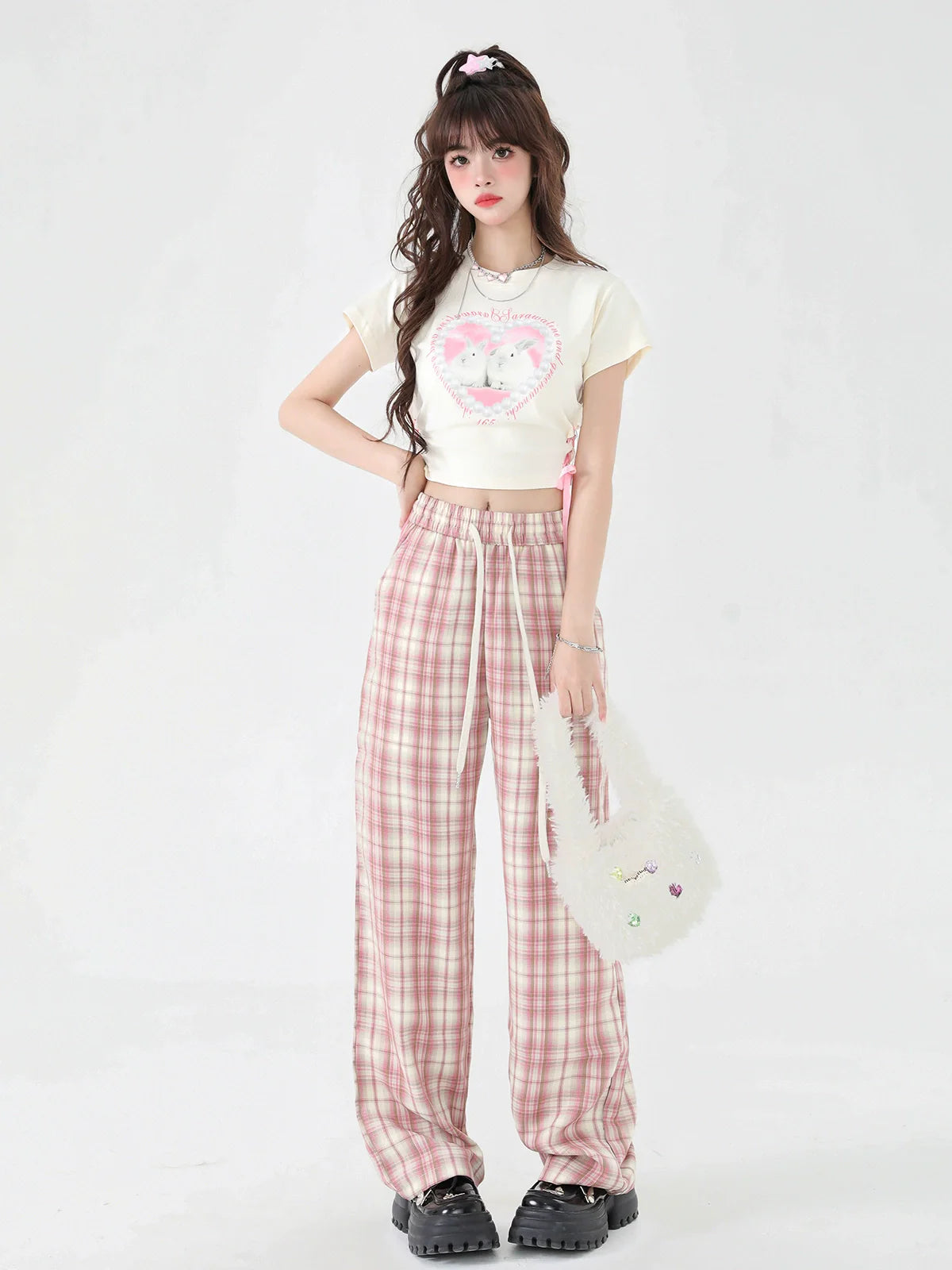 Pants Casual Check Pink