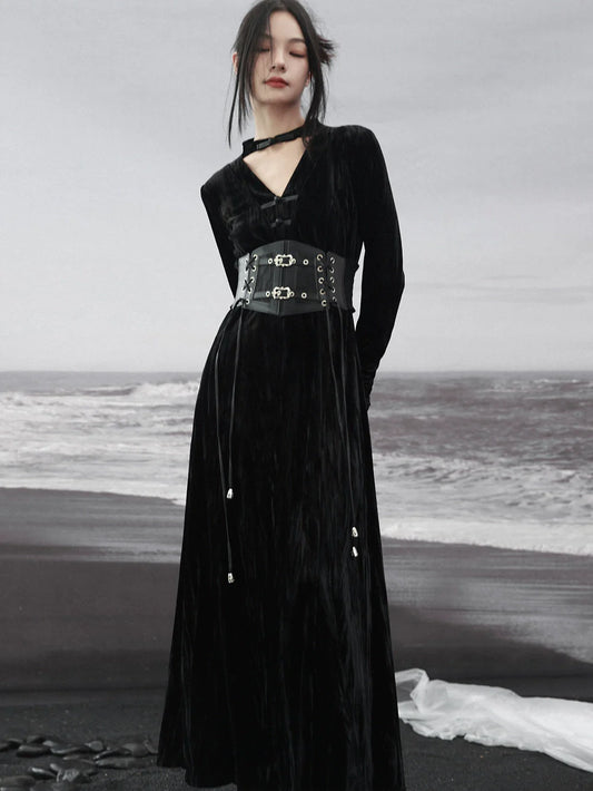 Splicing Stand Chinese V-Collar Mesh Romantic Retro Velvet Black Dress