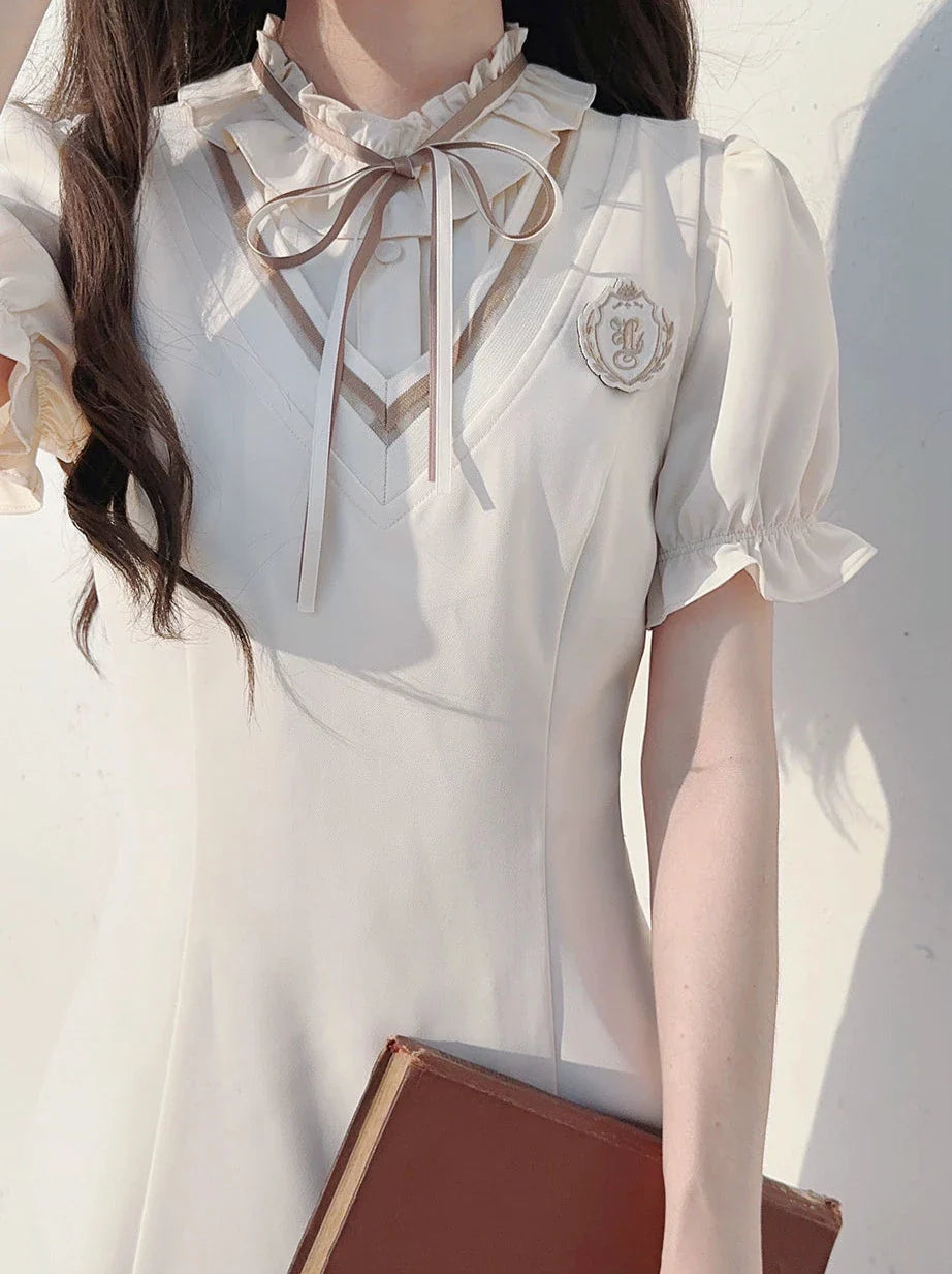 Style Dress Sleeve V-neck Emblem Shirt Badge Preppy Ribbon + Puff Ruffle