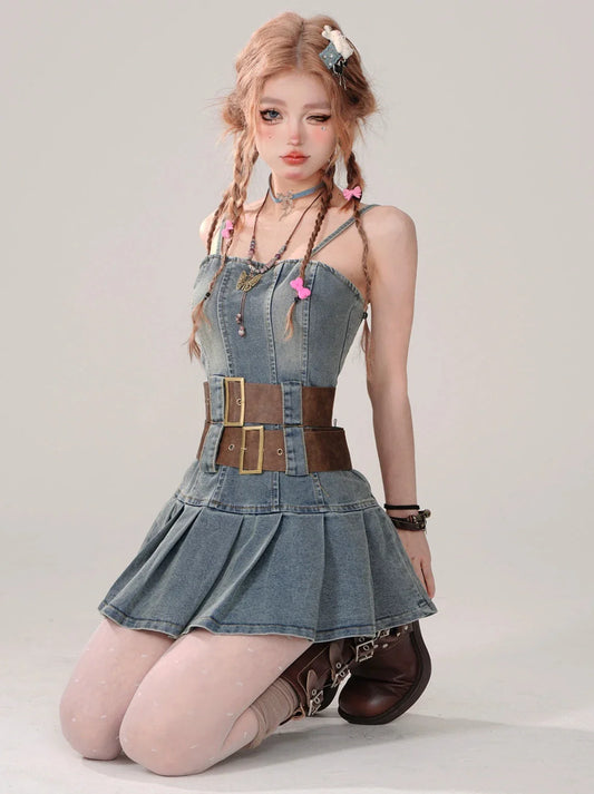 Heißes Retro-Denim-Plissee-Stil-Kleid-Mädchen-Hosenträger