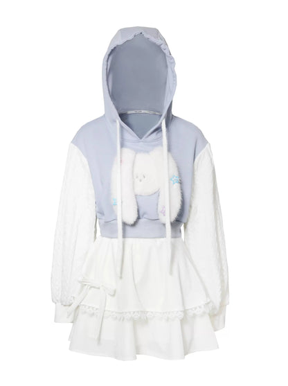 Sleeve Knit Hoodie Short White Little Dog 3D