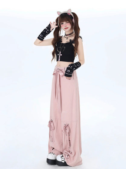 Satin Pants Ribbon Lace-up Loose