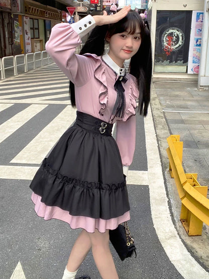 Ausgestellte Bluse mit mittlerer Rüsche + Rock mit Rüsche