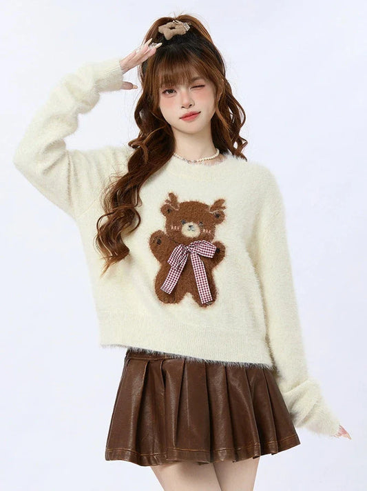 Ours en tricot court avec ruban