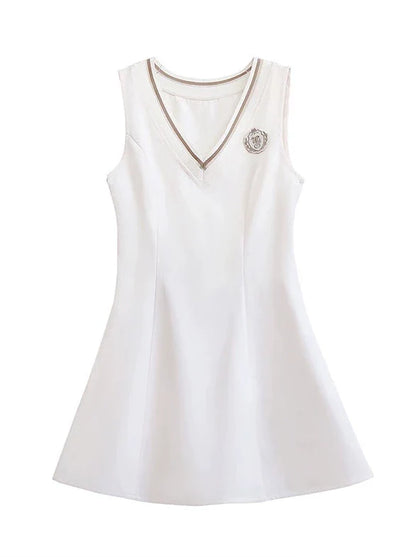 Style Dress Sleeve V-neck Emblem Shirt Badge Preppy Ribbon + Puff Ruffle