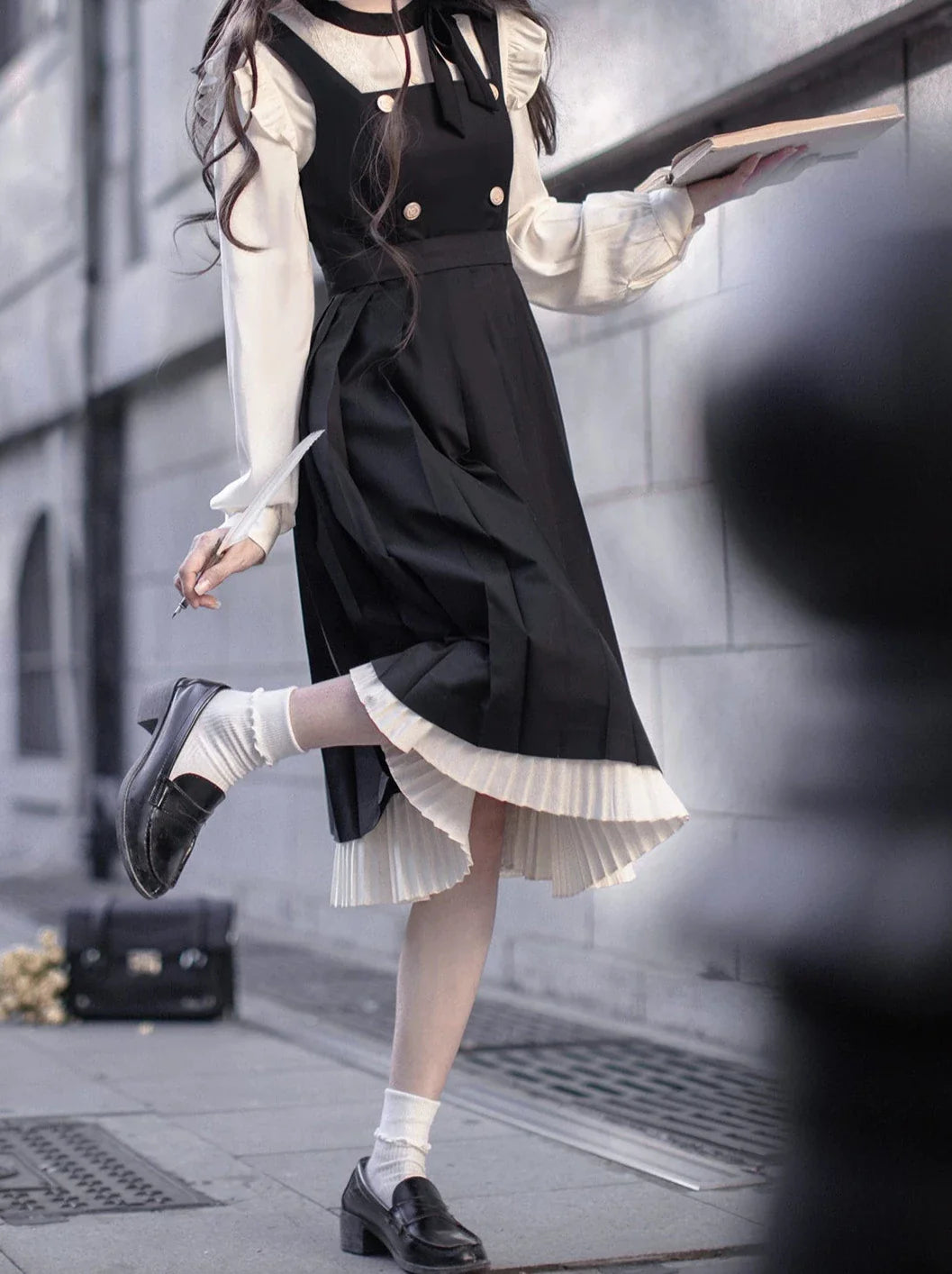 Pleated Ruffle Ribbon College Dress Shirt Accessories Retro Suspender + Elegant Layered Shoulder + Lace