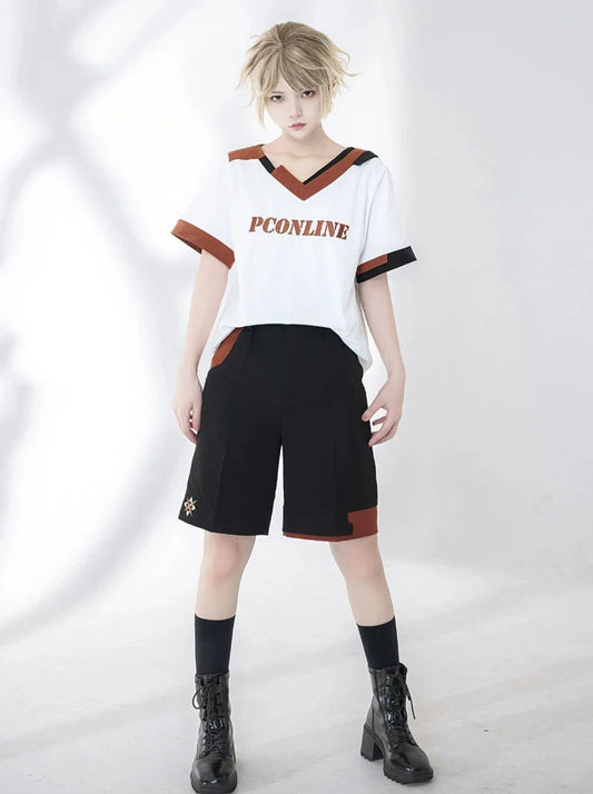 Shorts T-Shirt Weiß Stickerei Sommer V-Ausschnitt