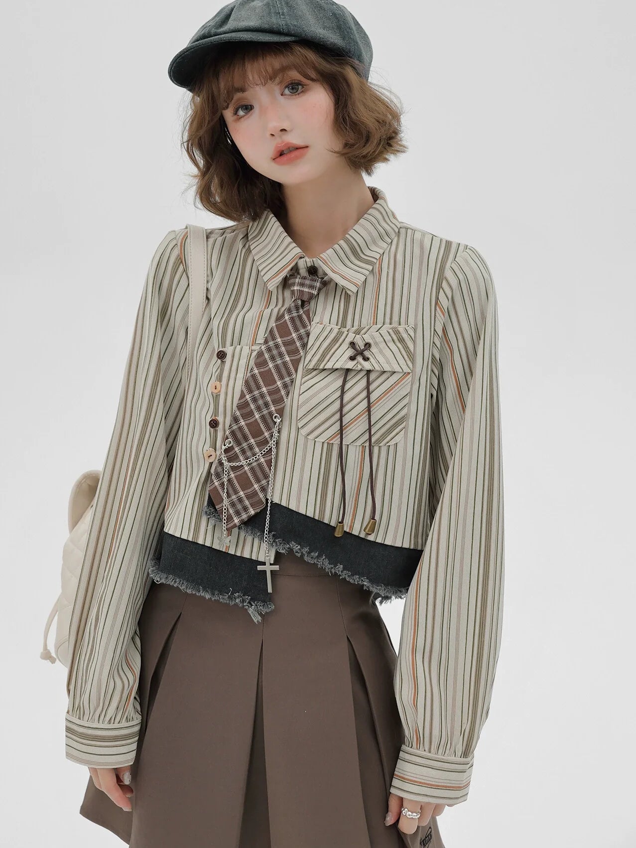 Stripe Shirt Tie Retro Splicing Check American Design Short