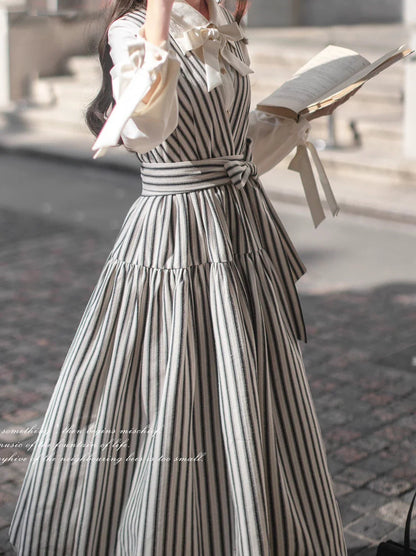 Ribbon French V-Neck + Shirt Dress Retro Striped Ribbon