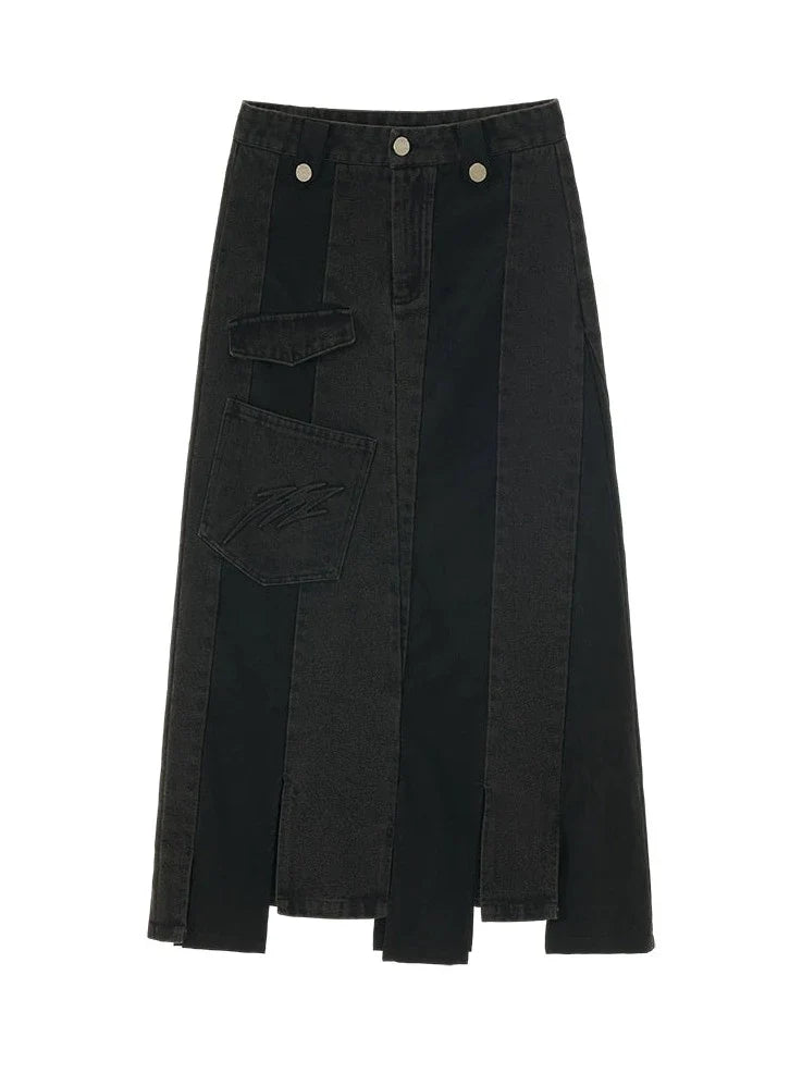 Black Leather Asymmetrical Denim Skirt