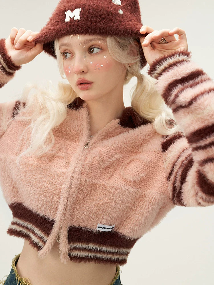 Striped Double Wool Zipper Cardigan Top