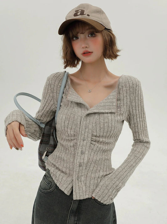 Flap Knit Cardigan American Collar Slim
