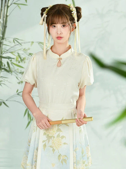Chemise chinoise + jupe + gilet à manches bouffantes en jacquard