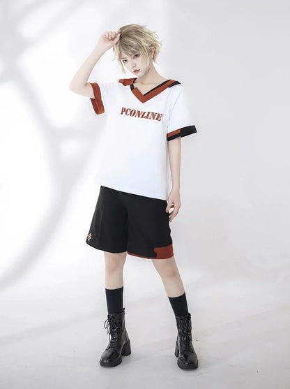 Shorts T-Shirt Weiß Stickerei Sommer V-Ausschnitt