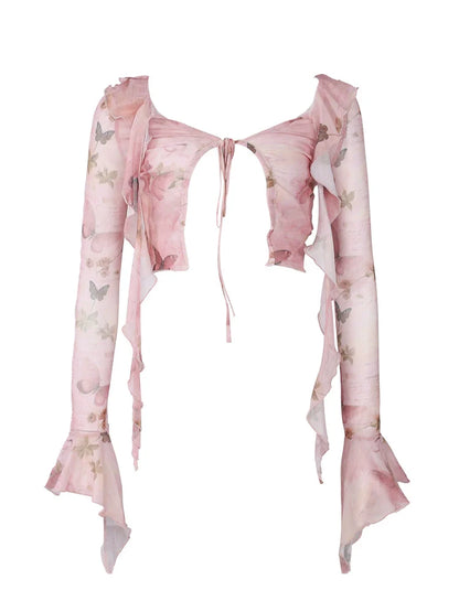 Coffee + Beige + Suspender Pink Top Moulin Shorts Butterfly Cardigan Broken