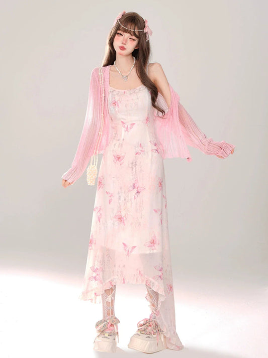 Dress Fan Suspended + Pink Knit Dream Butterfly Sheer Cardigan