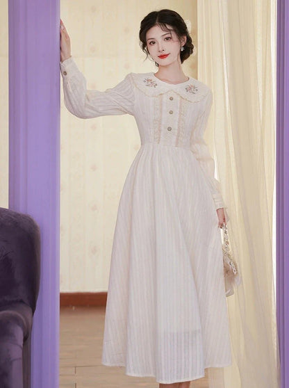 White Long Retro Pure Dress Flared