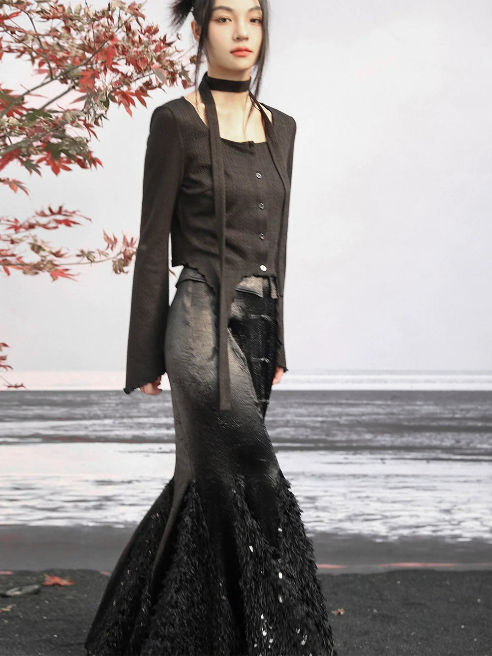 Design Skirt Mermaid China Satin Splyce Feather Sequined Dark