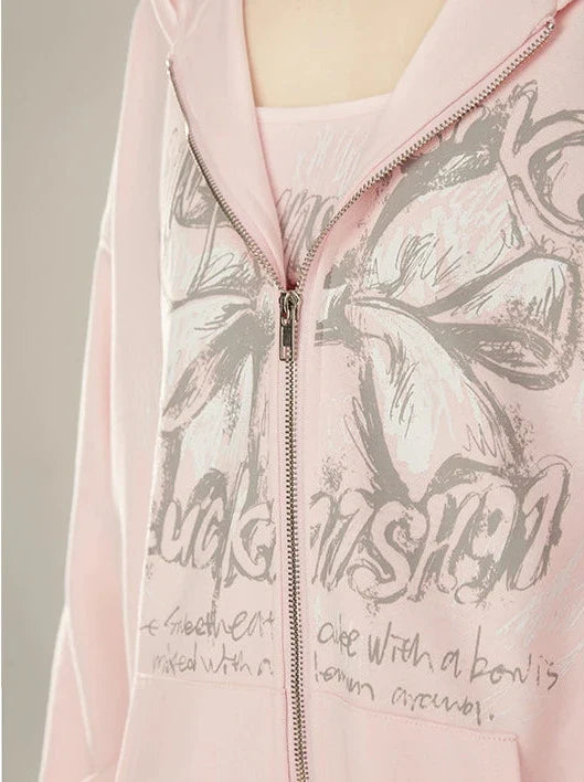 Zip Girly + Loose Butterfly Camisole Pants Jacket Ribbon Sweatshirt Hooded Pink