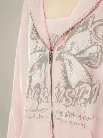 Zip Girly + Loose Butterfly Camisole Pants Jacket Ribbon Sweatshirt Hooded Pink