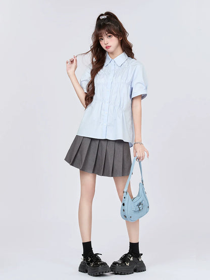 Pleated Blue Design Milk Shirt