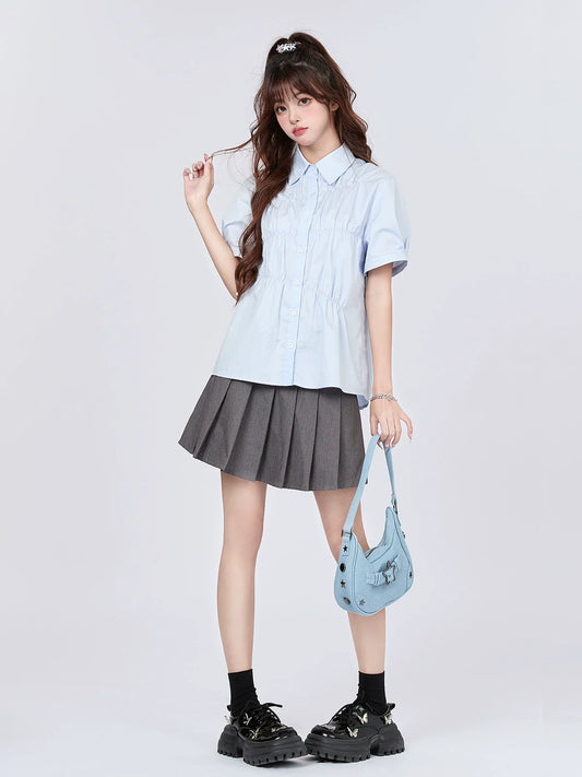 Pleated Blue Design Milk Shirt