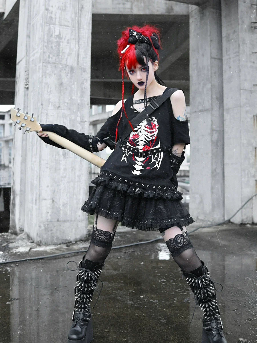 Metal Buckle Cake Leather Rivet Layer Punk Skirt