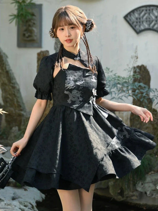 Cardigan Dragon Chic Chinese Dress + Short Mode Sleeve Puff