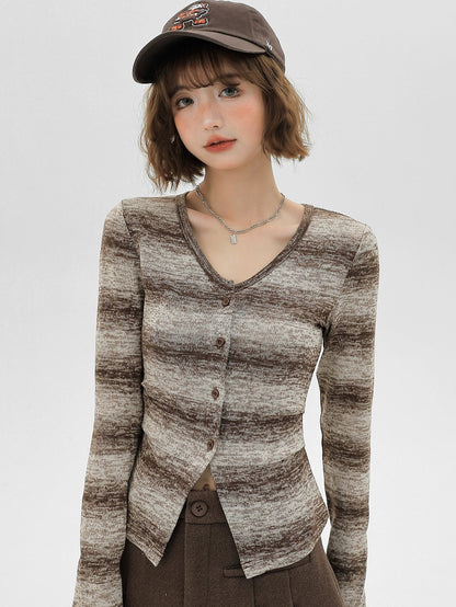 American Retro Knit Striped Cardigan Gradient