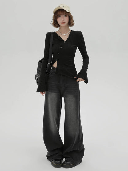 Vボタンウエストスリムシャツボトルネック斜め