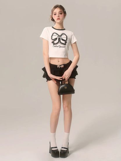 Slim Printed White T-Shirt Ribbon Short