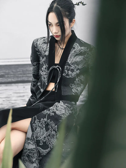 Haut ample rétro à taille haute avec double boutonnage et motif dragon en jacquard