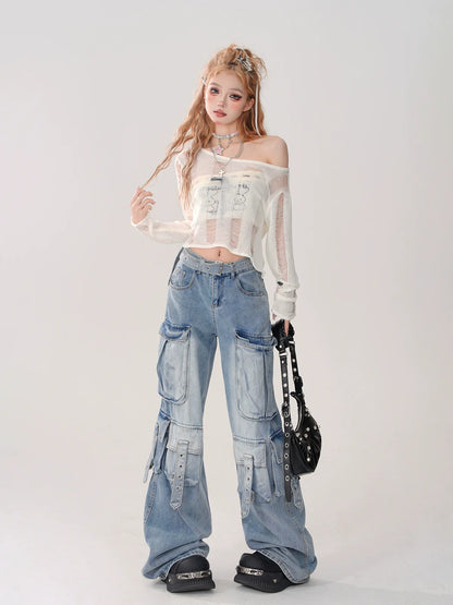 Short Top Ripped + Knit Off-Shoulder Lace-Up Top Back Tube