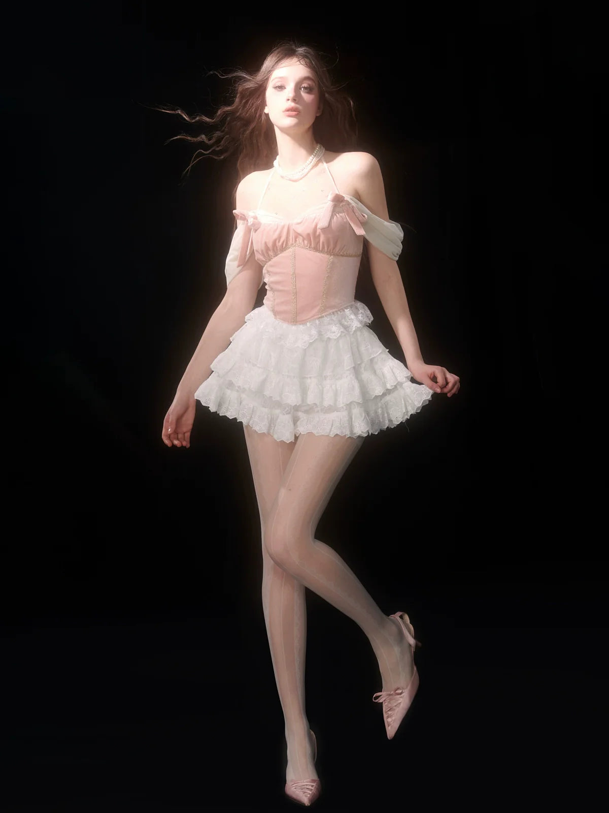 Lace White Lace Off-the-shoulder Cake Style + Ballet Skirt Top Pink Velvet Strap