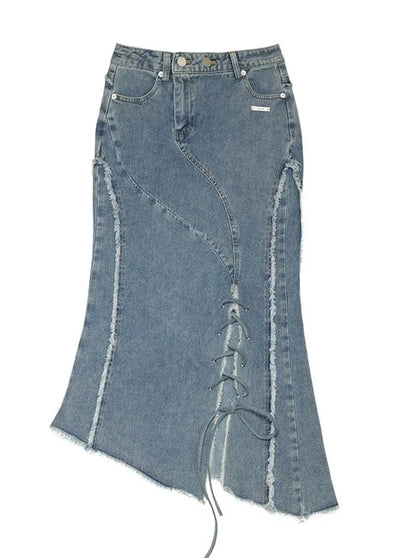 Slit Asymmetrical Damaged Skirt Denim Retro