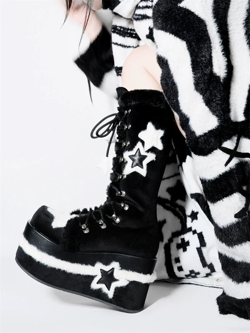 Bottes de sous-culture Y2K à plateforme mi-haute en velours et étoile