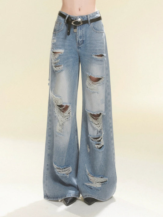 Long Pants Denim Damaged Wide