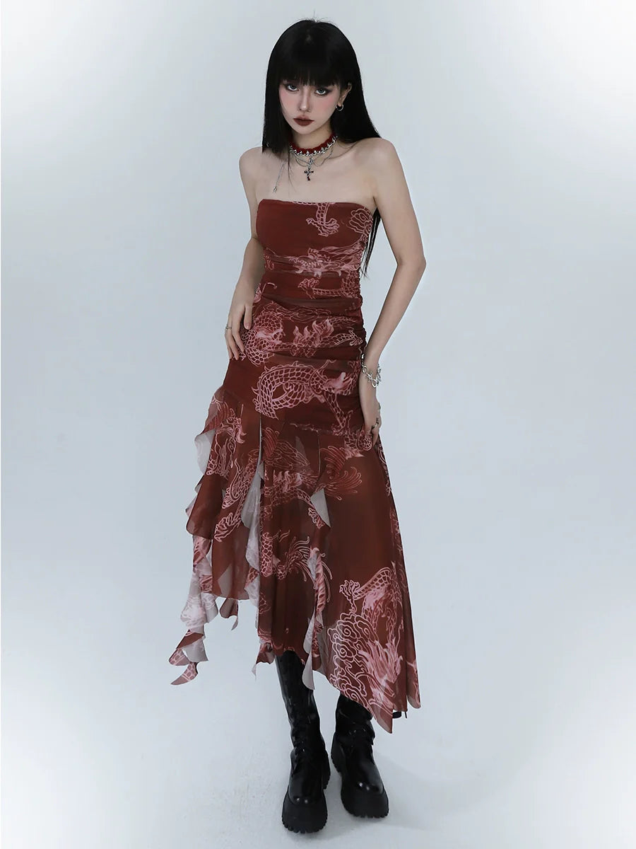Dress Summer Asymmetrical Camisole Red Dark