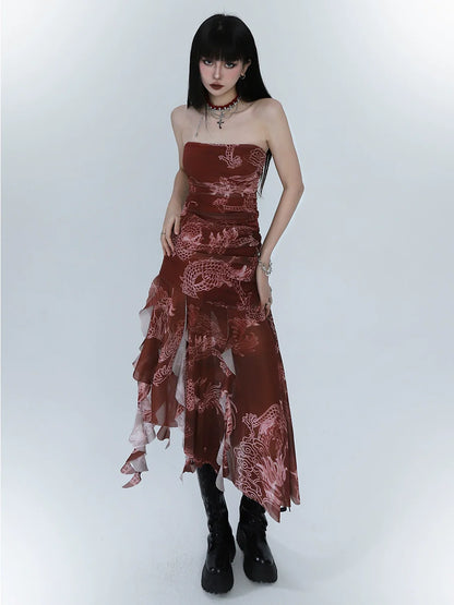 Dress Summer Asymmetrical Camisole Red Dark