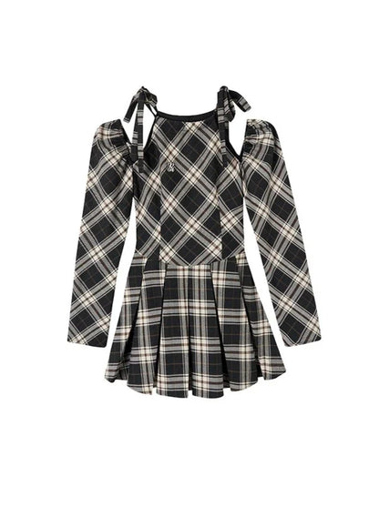 Line Ribbon Suspender Dress French Check