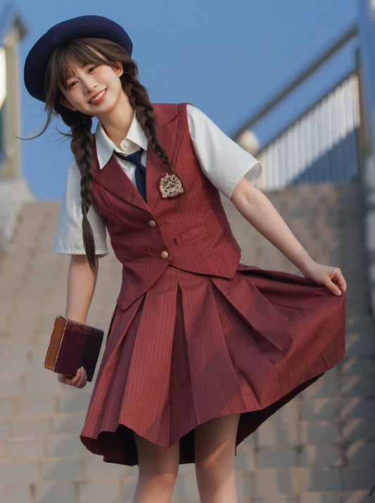 Jupe plissée style collège gilet rouge brique + rayures