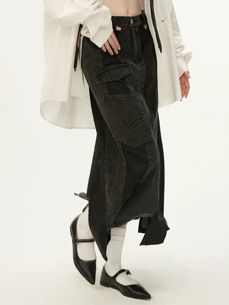 Black Leather Asymmetrical Denim Skirt